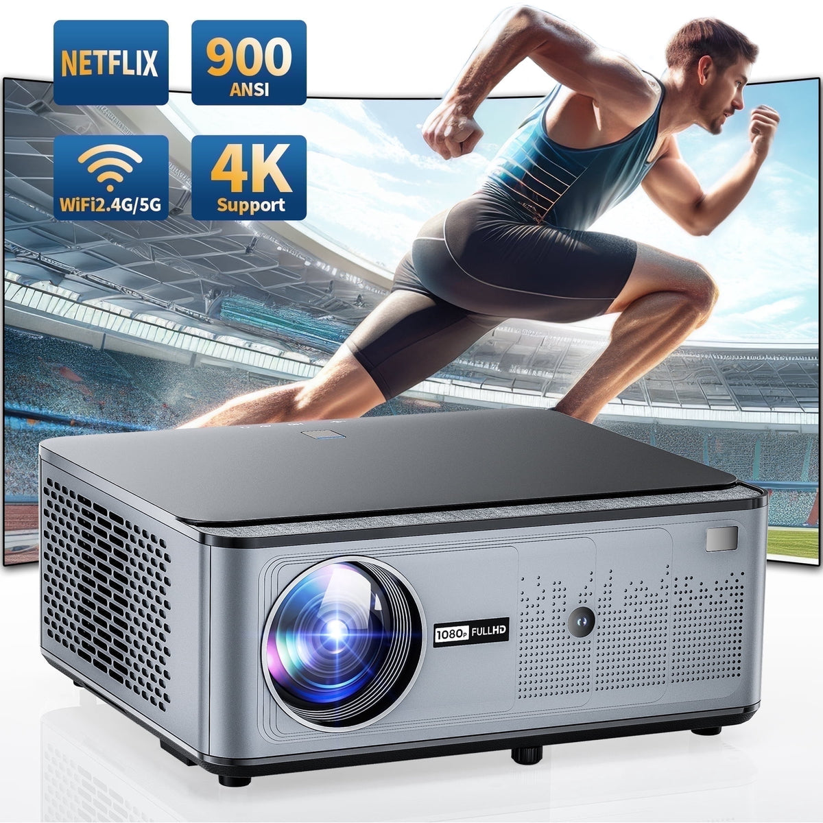 [900 ANSI & Auto Focus/Keystone] 4K Home Theater Projector with WiFi 6 and Bluetooth 5.2, Losei 300'' Movie Projector for Indoor/Outdoor, Smart Proyector Compatible with Phone/TV Stick/PC/PS5