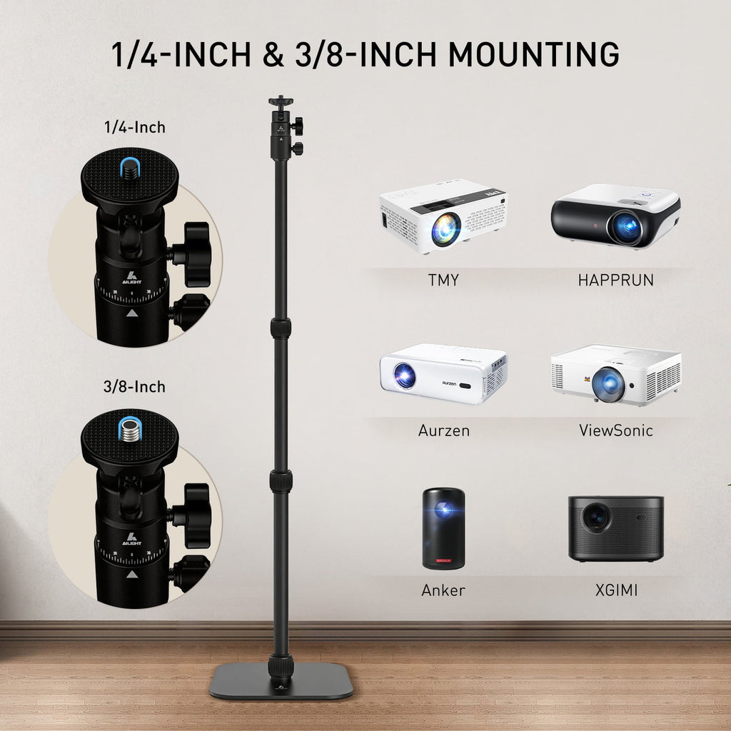 AILIGHT Projector Stand, 19"-47.5" Height Adjustable Floor Projector Mount Stand, Heavy-Duty 360° Swivel, Universal 1/4" & 3/8" Table Mount