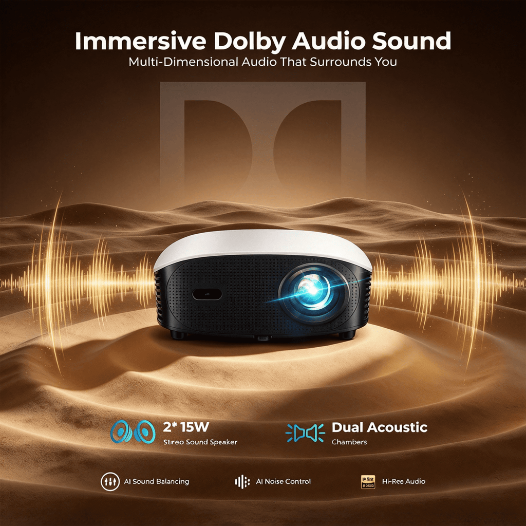 AI Smart Mini Projector with WiFi & Bluetooth, Auto Focus & Keystone FHD 4K Support Projector, Compatible with Netflix YouTube, Dolby Audio Home Theater for Outdoor Movie Night & Bedroom Cinema