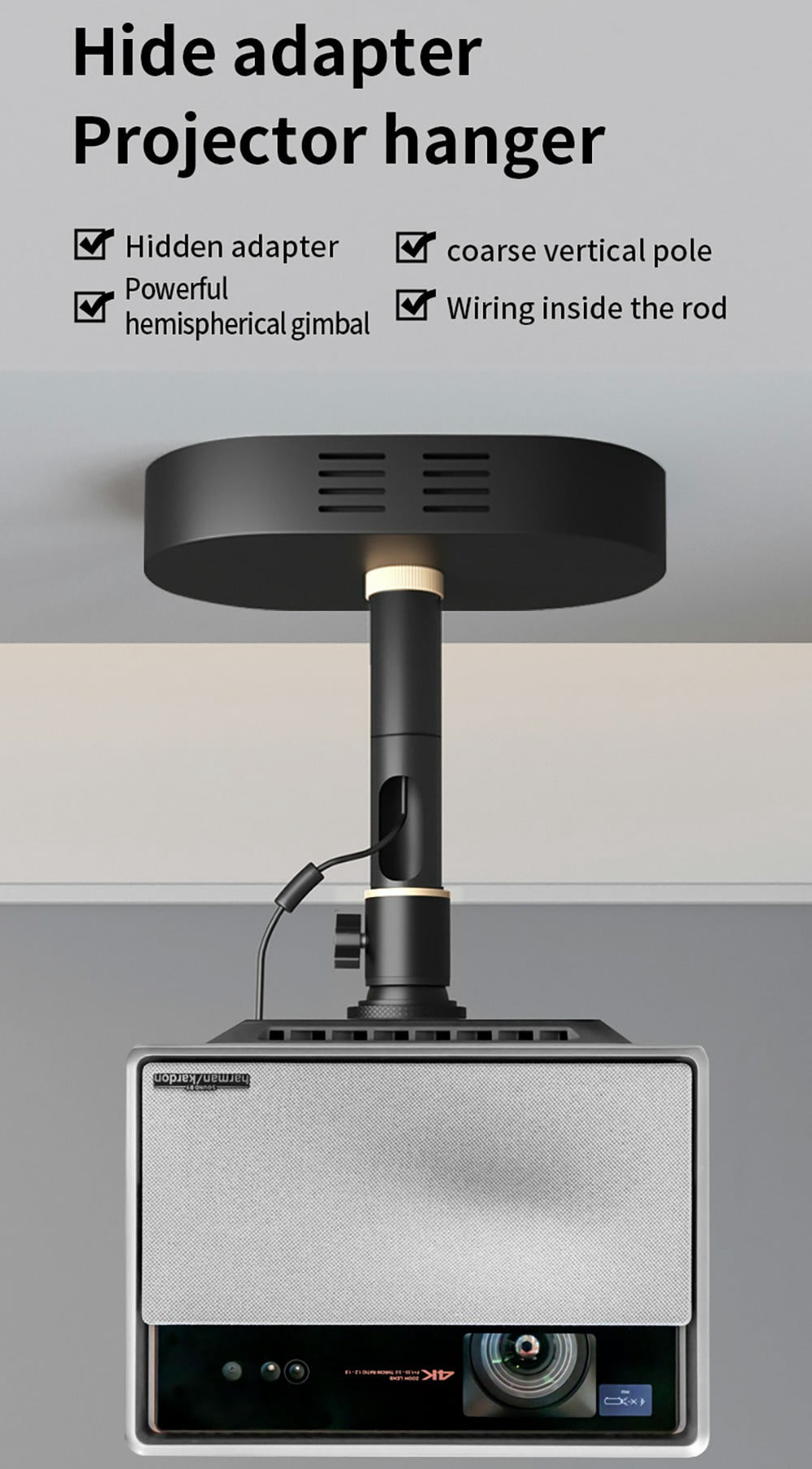 Yinzam Heavy Duty Projector Ceiling Mount Bracket, Hidden Adapter Design, 15 KG Loading Ability, Adjustable Height