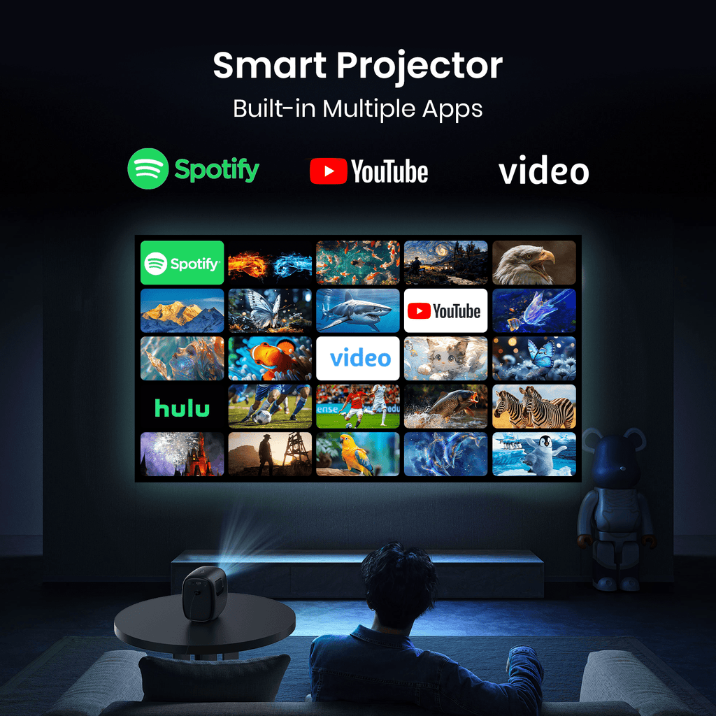 4K Projector with WiFi 6 and Bluetooth 5.4 Auto Screen Correction 1080p Native Res Built-in Apps & TV OS Stereo Speakers, White