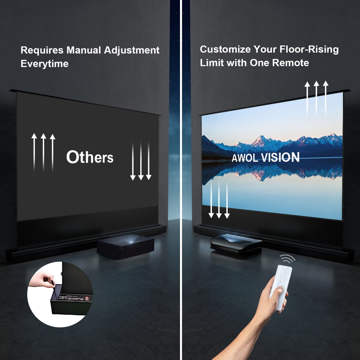 AWOL VISION 120" Motorized Floor Rising Ambient Light Rejecting Projector Screen for Ultra Short Throw Projector