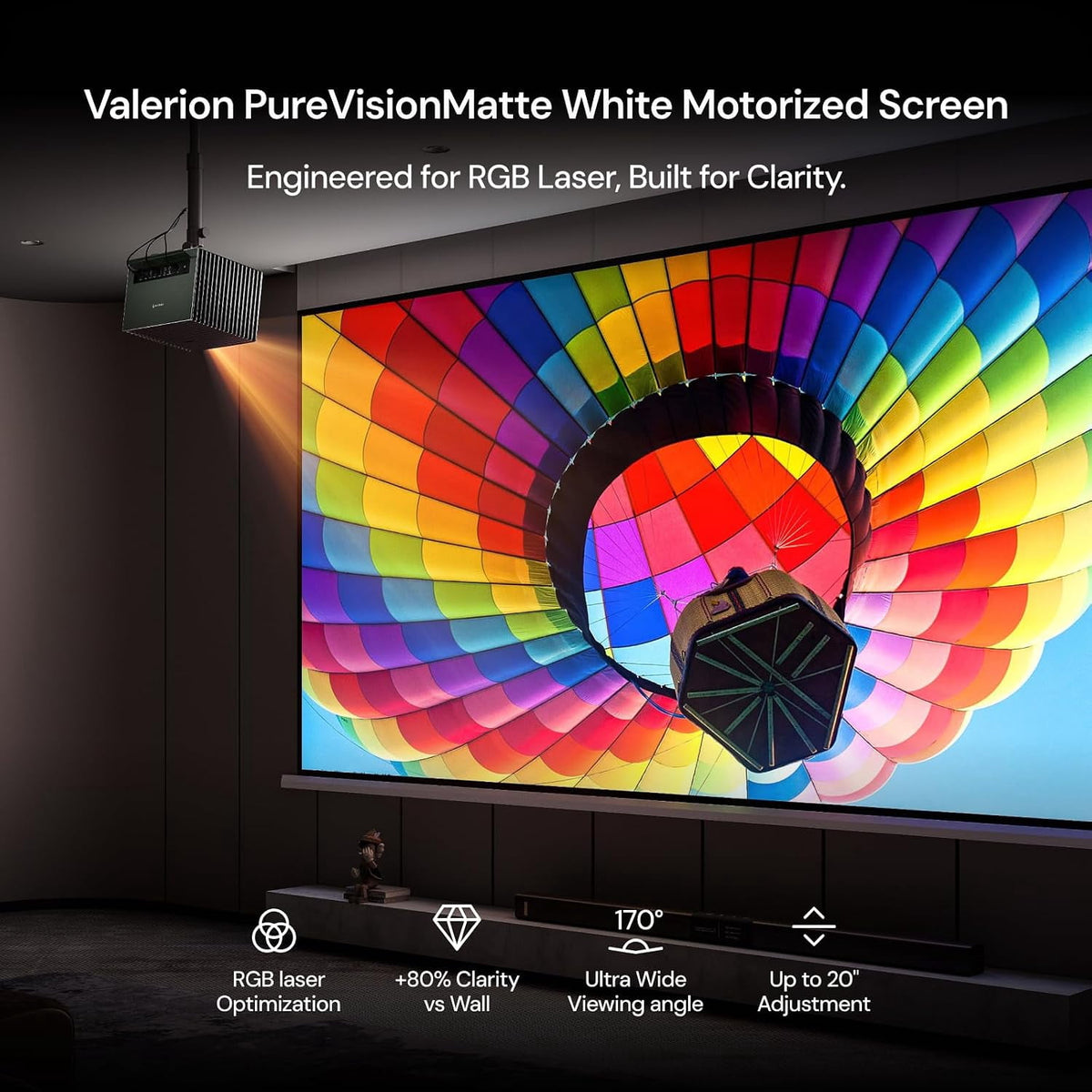 Valerion PureVision Motorized Projector Screen, 4K/8K UHD Ready, 20" Adjustable Drop, Black Backing, Long Throw Only
