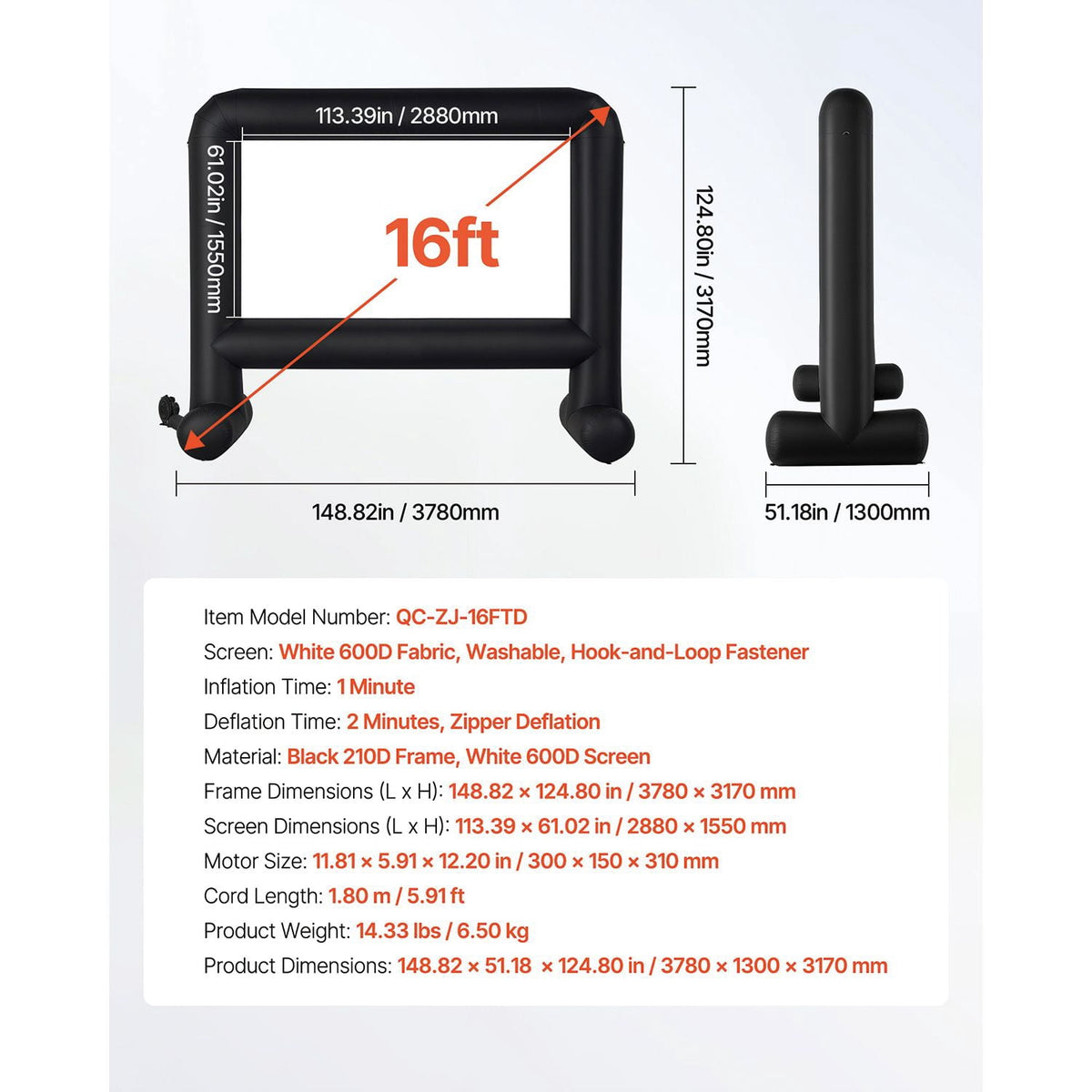 16FT Inflatable Movie Screen with Portable Storage Bag 16 9 Easy Set Up Outdoor Projector Screen for Backyard Home Theater Theme Party