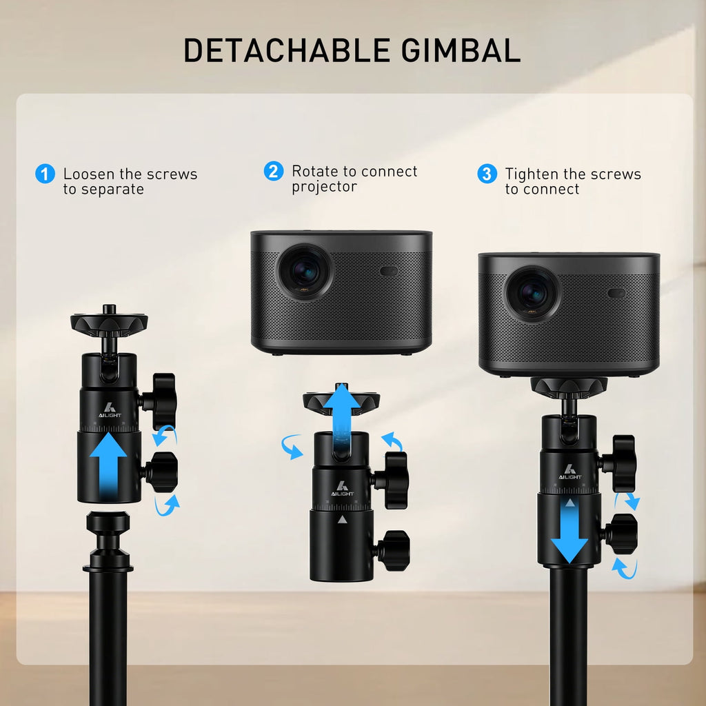 AILIGHT Projector Stand, 19"-47.5" Height Adjustable Floor Projector Mount Stand, Heavy-Duty 360° Swivel, Universal 1/4" & 3/8" Table Mount