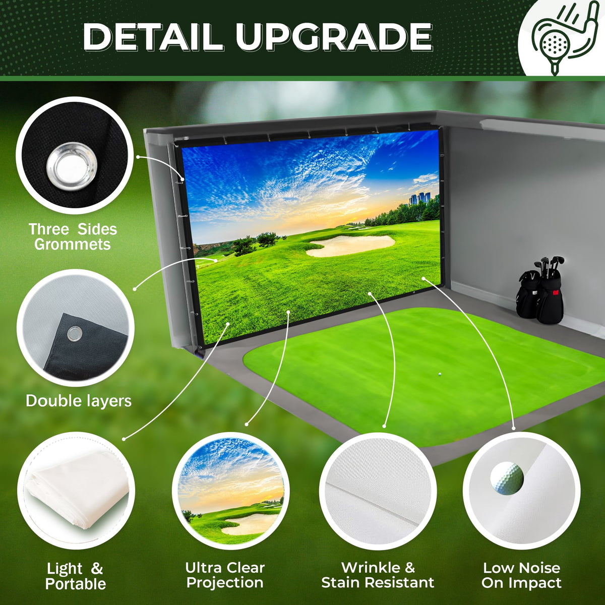 Impact Sports Technologies Indoor Golf Screen High Definition Premium 4k Projection Screen with Blackout Backing and Bungees, 9'10" x 11'5.8''