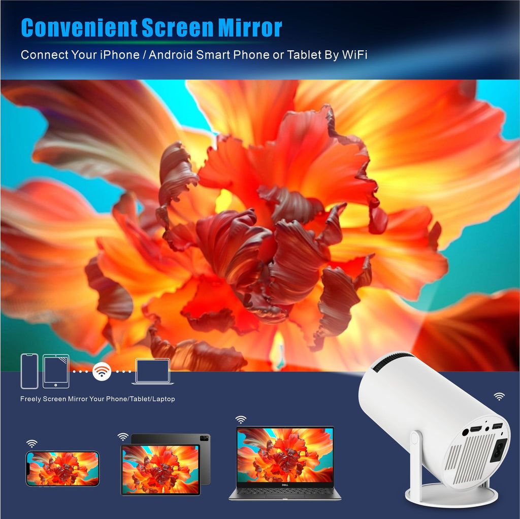 Mini Projector 4K Support with WiFi 6 & BT 5.4 290 ANSI Brightness, Auto Keystone, 180 Degree Rotation, Portable Projector for Home Theater & Outdoor Movies HY300Pro
