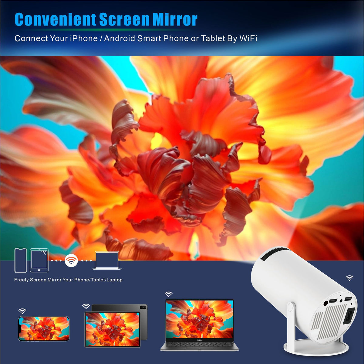 Mini Projector 4K Support with WiFi 6 & BT 5.4 290 ANSI Brightness, Auto Keystone, 180 Degree Rotation, Portable Projector for Home Theater & Outdoor Movies HY300Pro