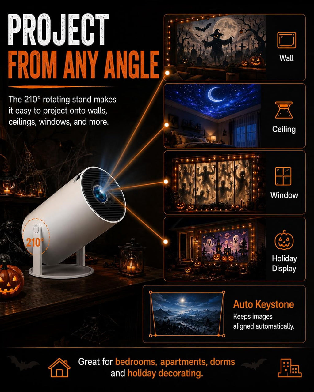 Hcppkzl Halloween Window Projector, 4k Smart Dual-Band Wifi, Scary Hologram Projection Effects, White