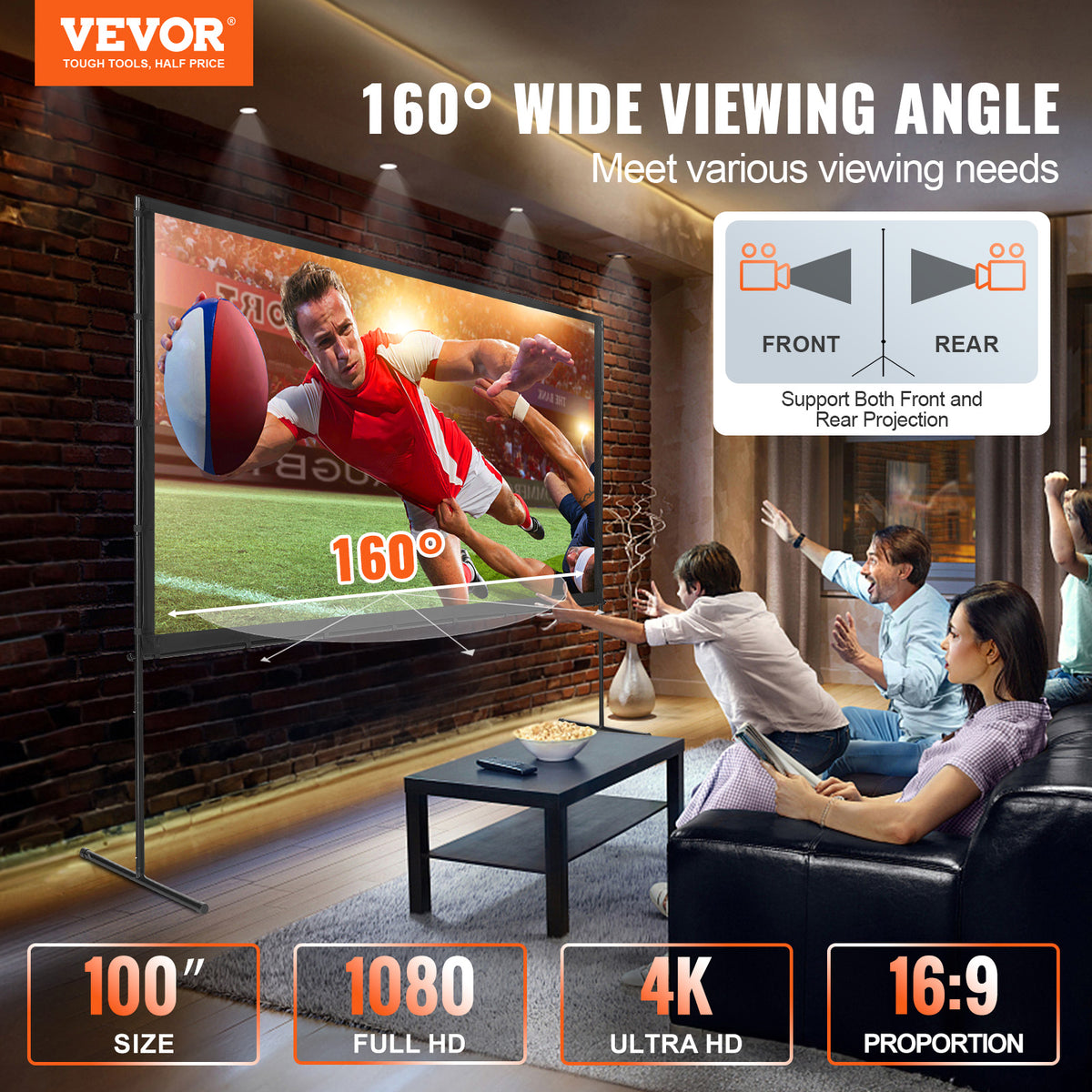 VEVOR Projector Screen with Stand,100 inch 16:9 4K 1080 HD Outdoor Movie Screen with Stand,Wrinkle-Free Projection Screen with Bar Feet and Carry Bag,for Home Theater Cinema Backyard Movie Night