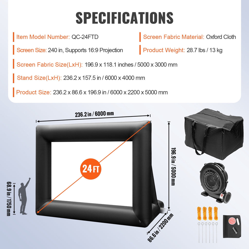 KFFKFF 24FT Inflatable Projection Screen with 360W Air Pump, Durable Oxford Cloth Inflatable Display for Open-Air Films, Compatible with Front/Rear Projection