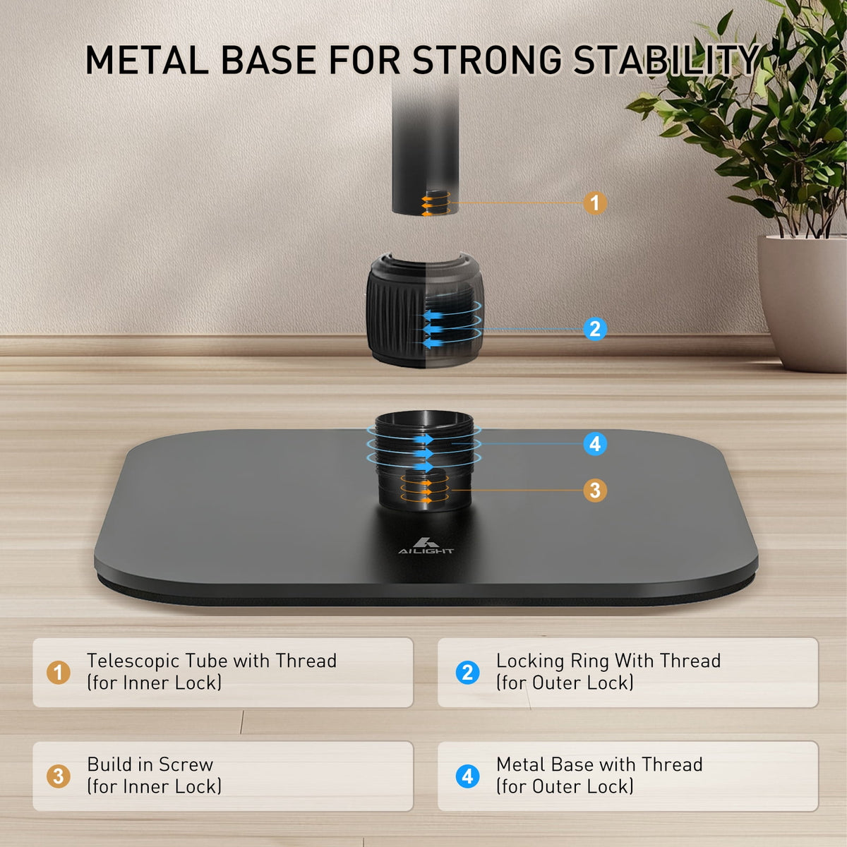 AILIGHT Projector Stand, 19"-47.5" Height Adjustable Floor Projector Mount Stand, Heavy-Duty 360° Swivel, Universal 1/4" & 3/8" Table Mount