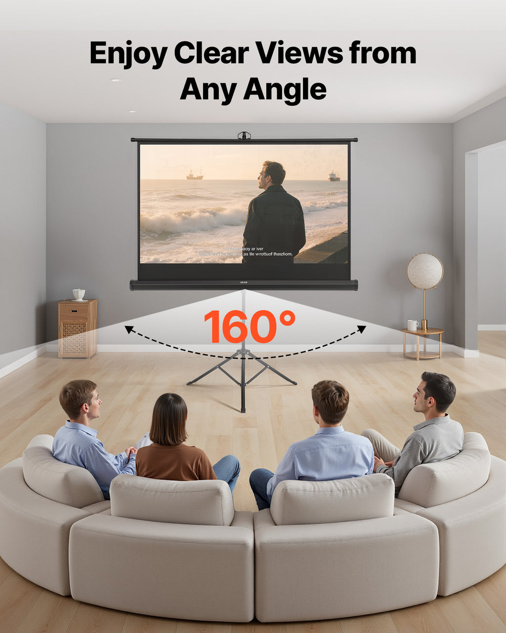 VEVOR Projector Screen with Stand, 60 Inch 160° Wide Angle Indoor Outdoor Projection Screen, 16:9 4K HD Wrinkleless Portable Tripod Screens with Carry Bag, for Movie Home Theater Office Presentation