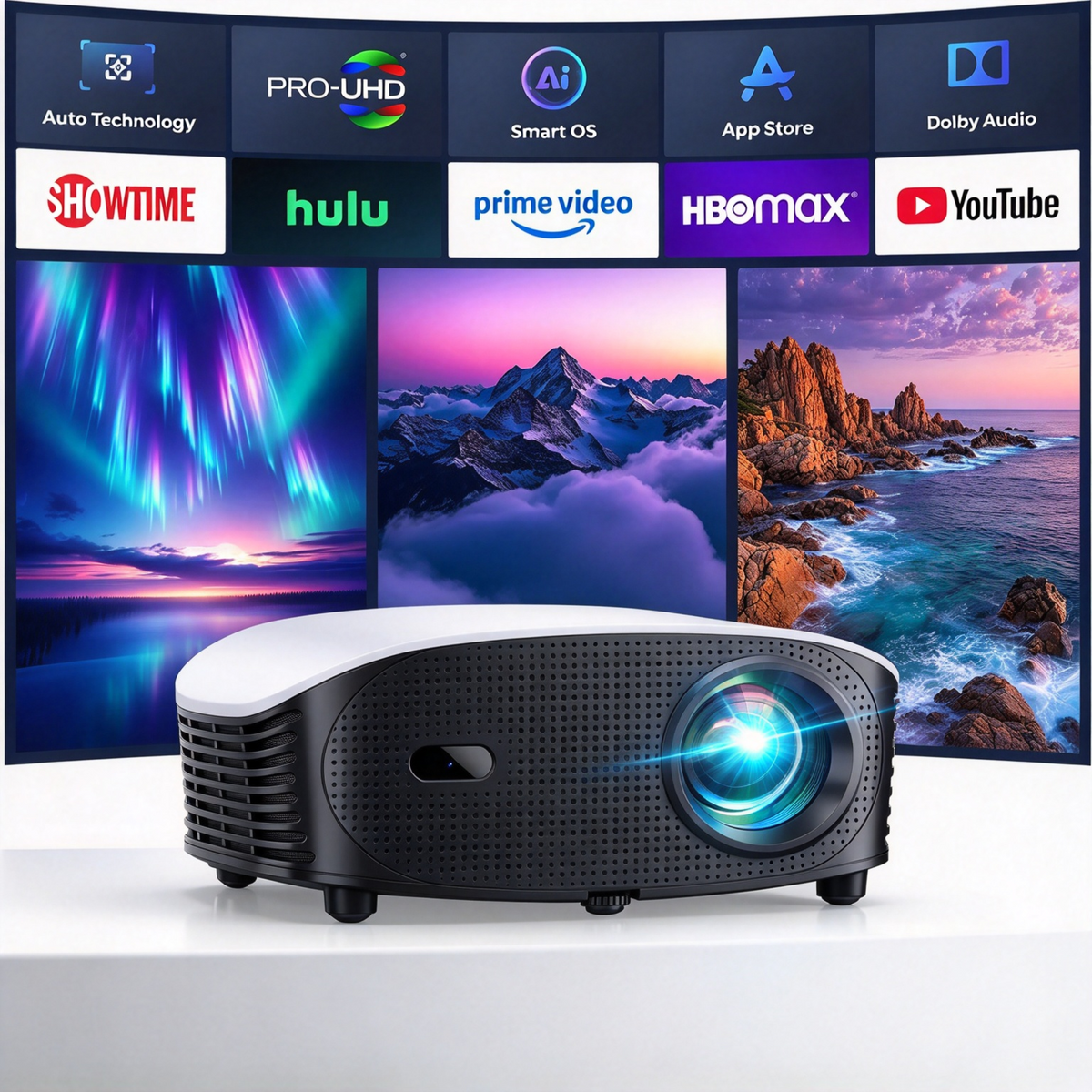 AI Smart Mini Projector with WiFi & Bluetooth, Auto Focus & Keystone FHD 4K Support Projector, Compatible with Netflix YouTube, Dolby Audio Home Theater for Outdoor Movie Night & Bedroom Cinema