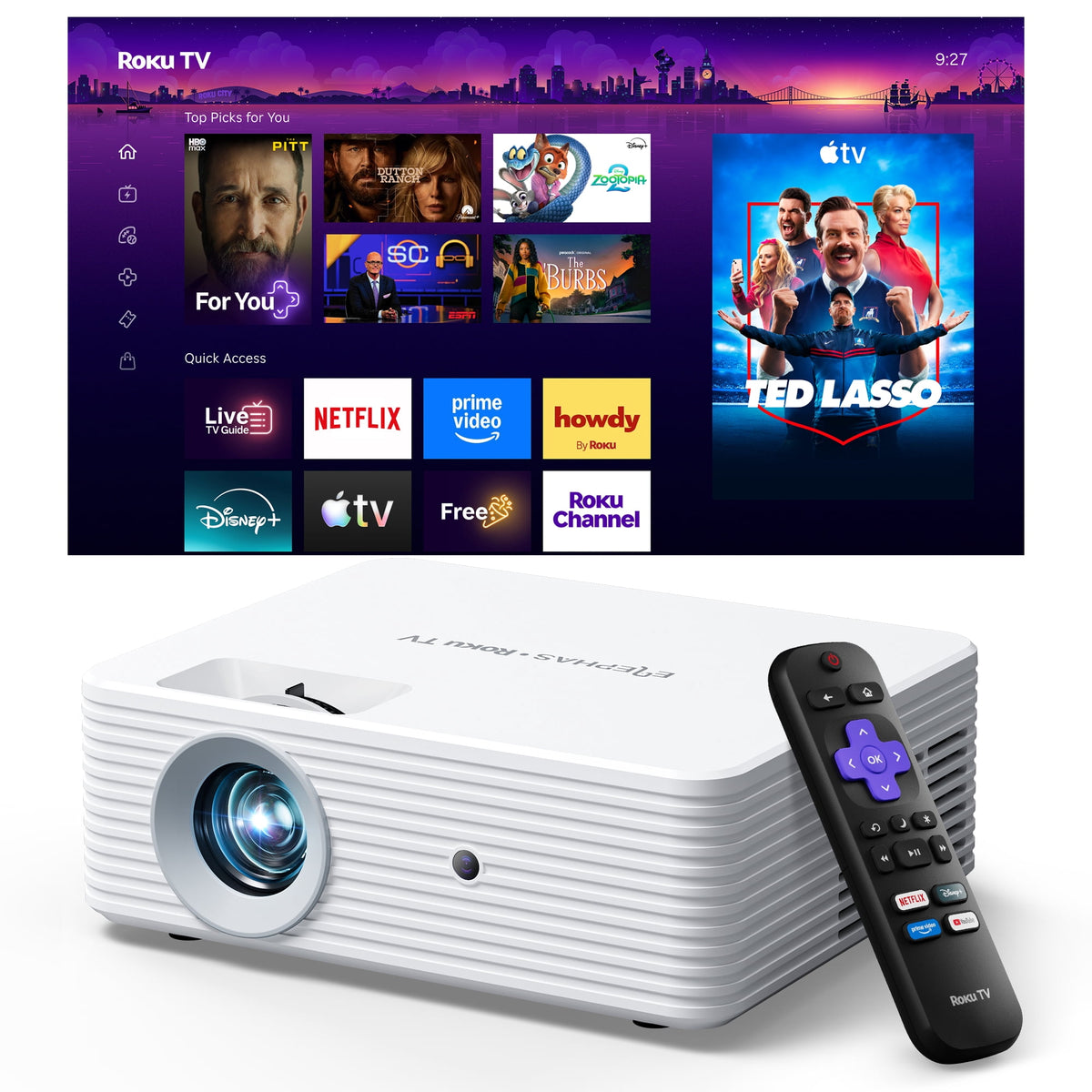 ELEPHAS Roku TV Smart Projector with Wi-Fi and Bluetooth, Built-in Roku TV Streaming Experience, Dolby Audio, Portable Mini Smart Projector