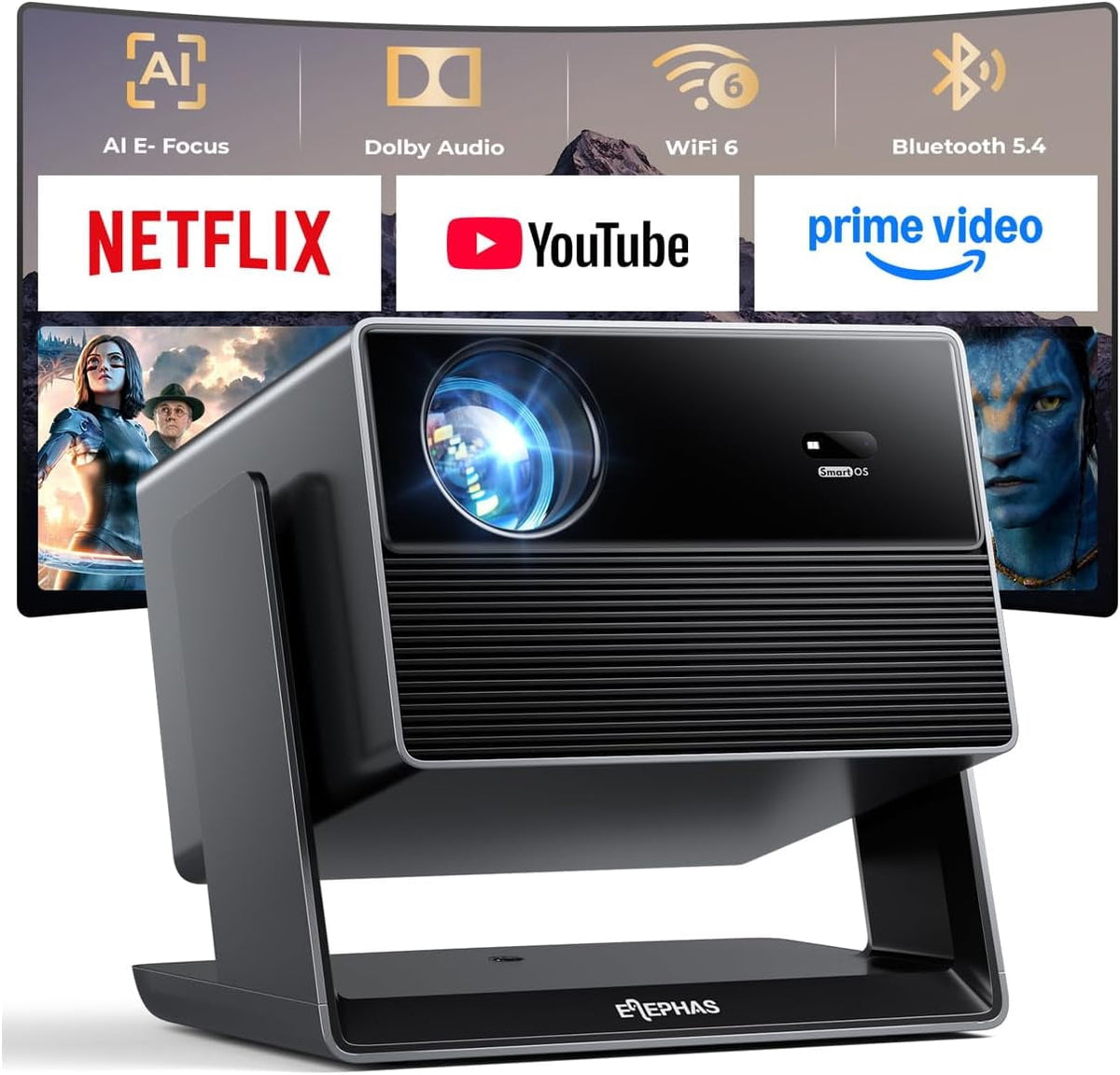 ELEPHAS Smart 4K Projector with WiFi and Bluetooth - Compatible with Prime Video/YouTube, 270° Rotatable, AI Auto Focus & Keystone, Portable Home Theater Movie Projector for Indoor Outdoor