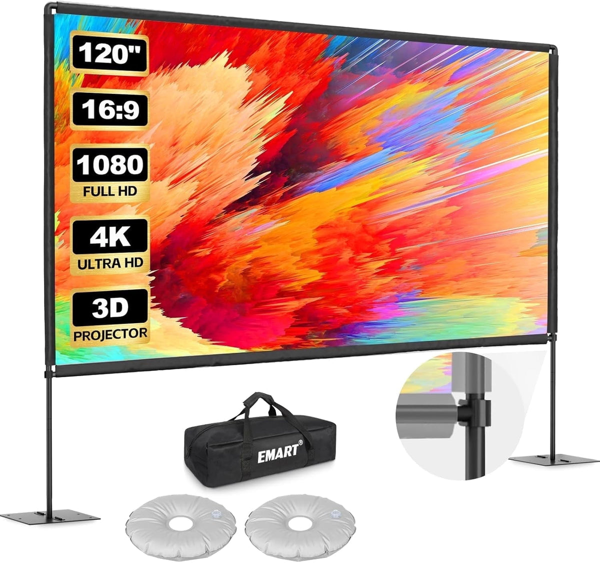 EMART 120in Projector Screen with Stand, 16:9 4K HD Portable Outdoor and Indoor Movie Screen, Heavy‑Duty Flat Base for Backyard,Party, Home Theater
