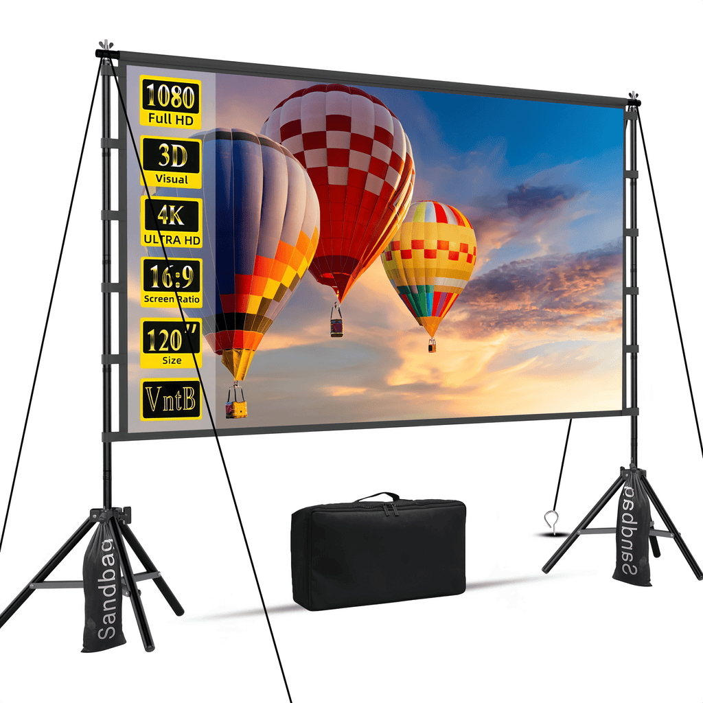 Florascent 120 inch Projector Screen with Stand, 4K HD 16:9 Foldable Anti-Crease Indoor Outdoor Movie Screen, Portable Projection Screen for Backyard Theater, Camping, and Sports Viewing Parties