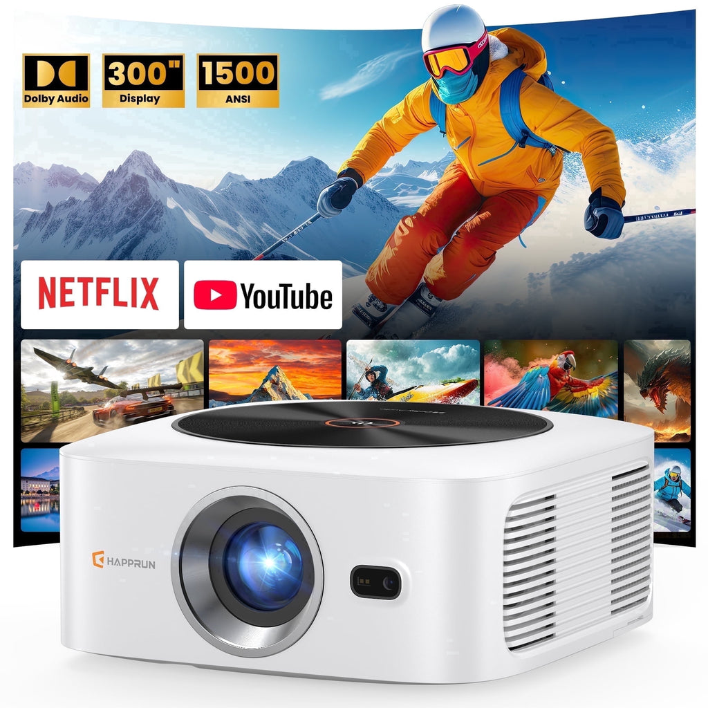 HAPPRUN 1500 ANSI Lumens Smart Projector Compatible with Netflix, 4K Decoding Movie Projector with WiFi & Bluetooth, Auto Focus & Keystone, Built-in Streaming Apps, Outdoor Projector for Home Theater