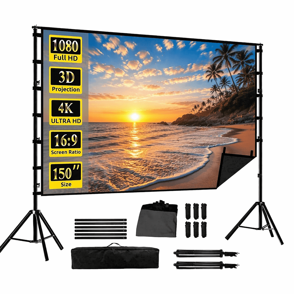 HVKDIEB 150 Inch Outdoor Projector Screen with Stand, 4K HD Portable Movie Screen, Black Backing Milk Silk Fabric, Indoor Outdoor Theater