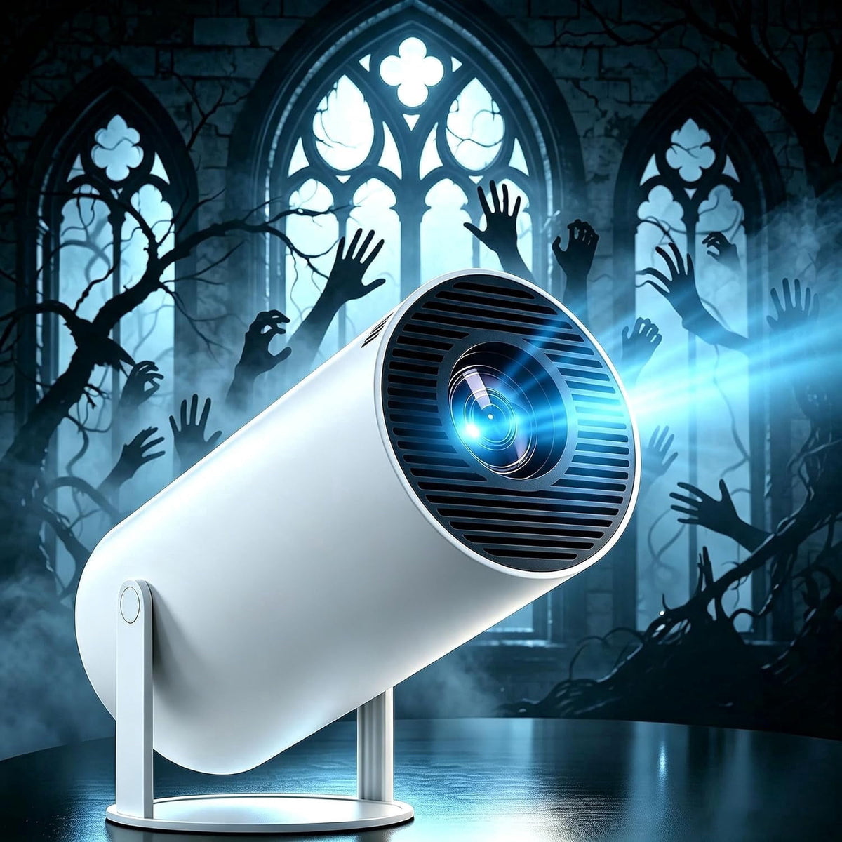 Hcppkzl Halloween Window Projector, 4k Smart Dual-Band Wifi, Scary Hologram Projection Effects, White