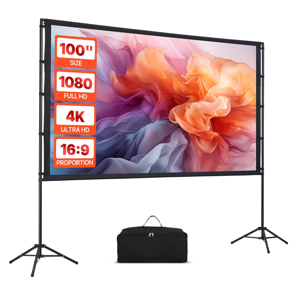 KFFKFF 100" Portable Projector Screen with Stand, 16:9, HD, 4K, Movie Screen Featuring Wrinkle-Resistant Design, for Indoor and Outdoor Use.