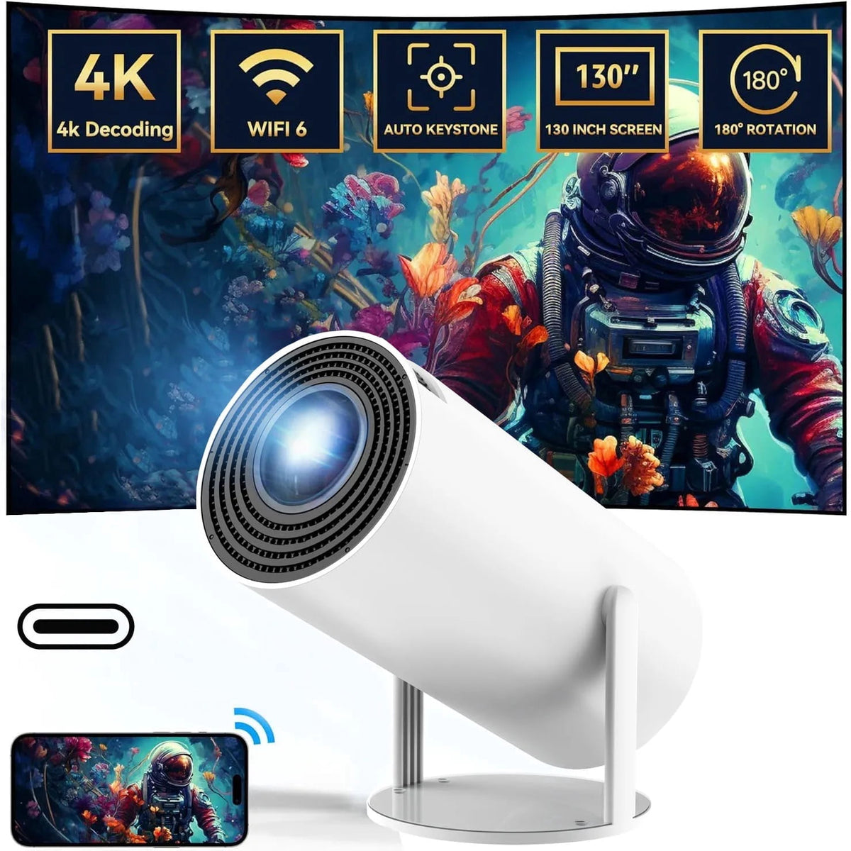 Mini Projector 4K Support with WiFi 6 & BT 5.4 290 ANSI Brightness, Auto Keystone, 180 Degree Rotation, Portable Projector for Home Theater & Outdoor Movies HY300Pro