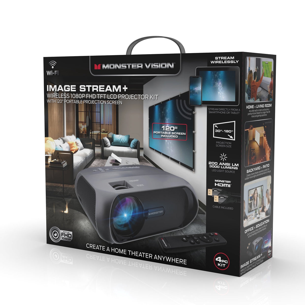 Monster Vision Wireless 1080p FHD TFT LCD Image Stream Projector with 120 inch Screen 30000 H