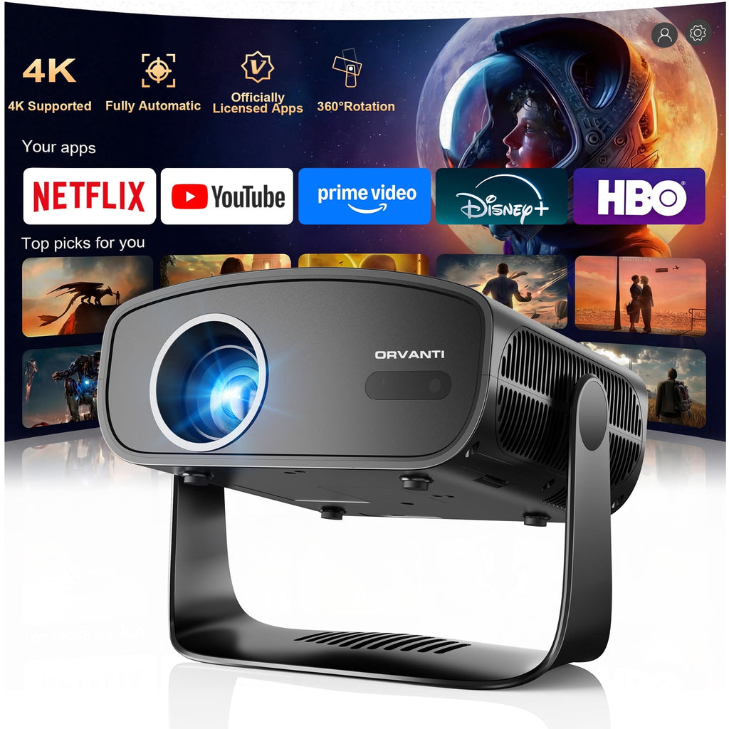 ORVANTI Smart Projector with 4K Support, 1080P Native, 150000 Lumens, Built-in Streaming Apps, Auto Focus & Keystone, Home Theater Projector, Outdoor Projector with 360° Stand