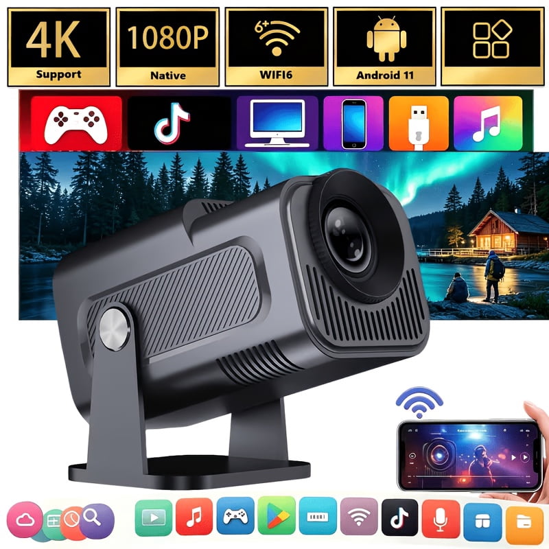 Portable Smart Projector Native 1080P with 4K Support, WiFi 6 & Bluetooth 5.4, Android 11, Wireless Screen Mirroring, USB/HD Connectivity, Auto Keystone, Outdoor Home Theater Gaming Projector