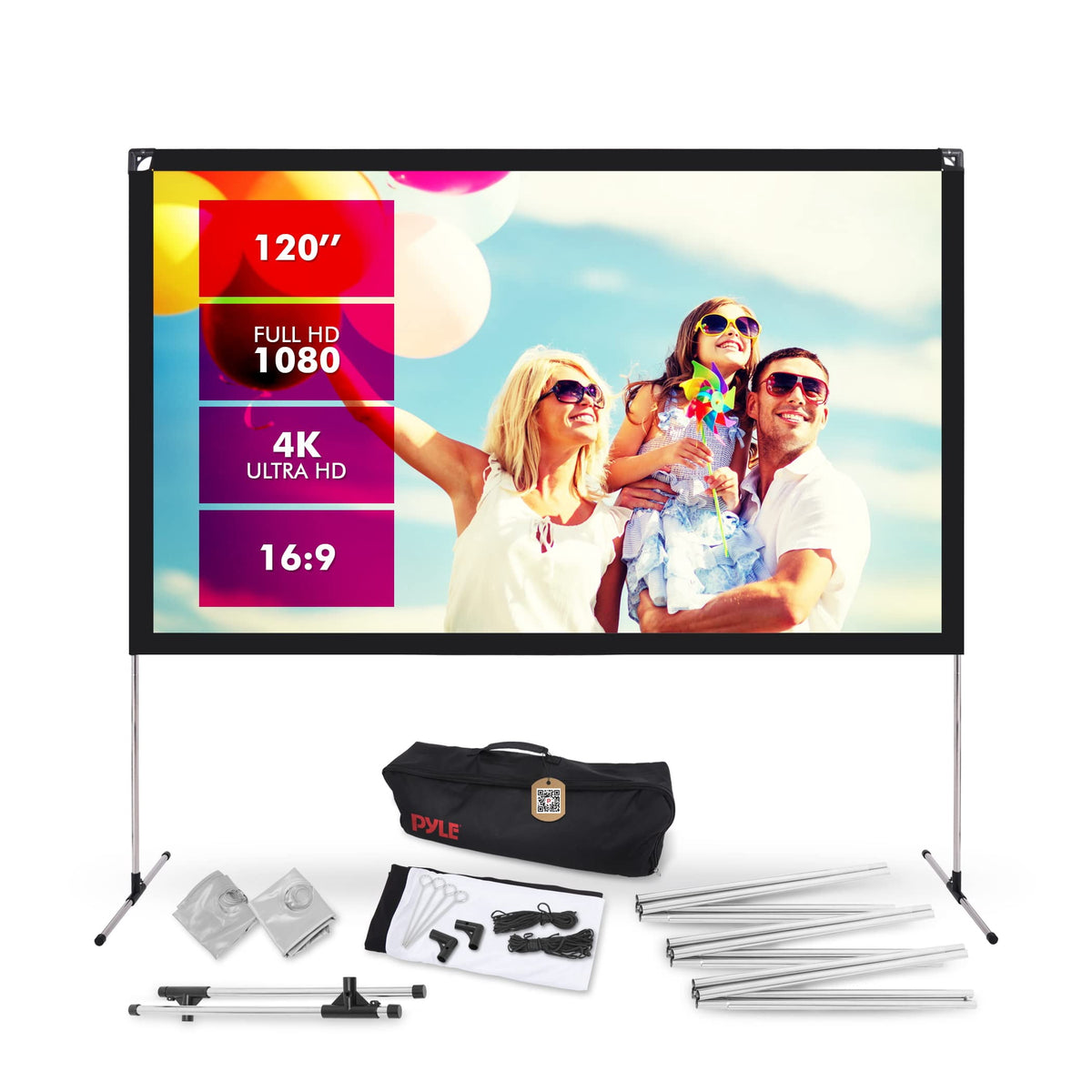 Pyle Projector Screen with Stand - 120" 16:9 HD 4K Portable Lightweight Freestanding Foldable Outdoor Movie Projection Display with Frame for Home Theater