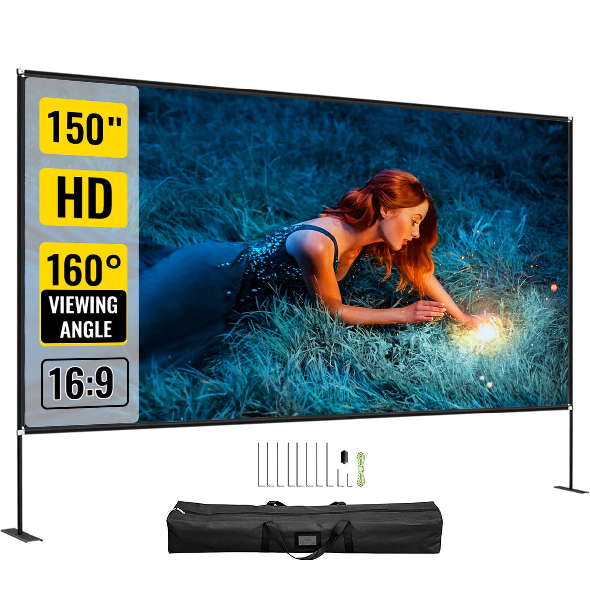 KFFKFF Outdoor Movie Screen w/ Stand, 150" Portable Movie Screen, 16:9 HD Wide Angle Outdoor Projector Screen, Front & Rear Projection,