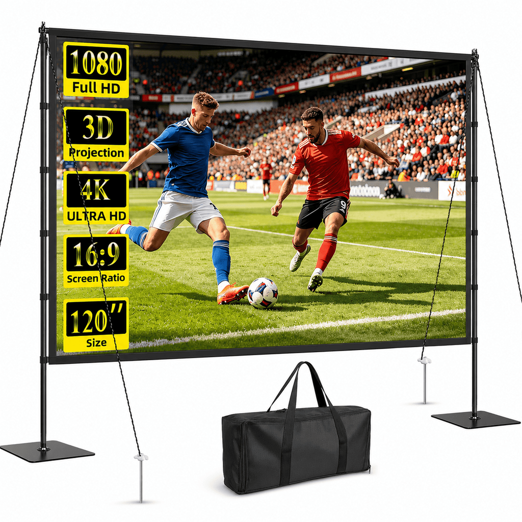 TIKBBRMG Projector Screen with Stand, 120inch Portable Outdoor Indoor Projection Screen, 16:9 4K HD Movie Screen with Carry Bag, Ropes and Ground Stakes for Backyard, Camping, Theater