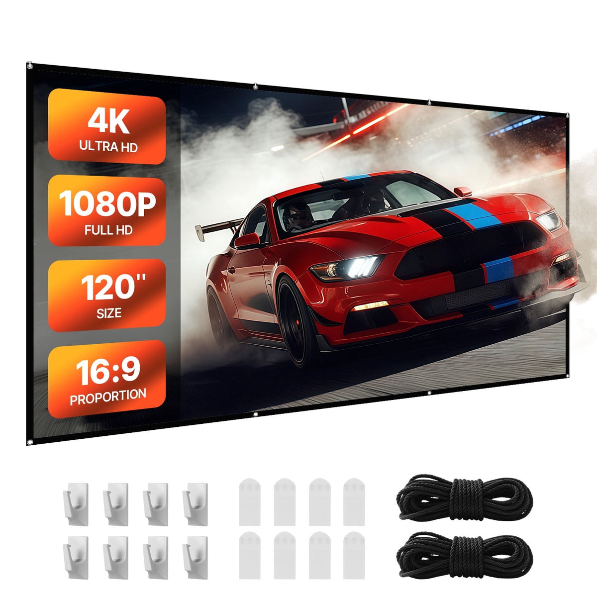 VEVOR Projector Screen, 120 inch 16:9 4K 1080 HD Projection Screen, Wall Mounted Projection Dispaly Projector with 8 Hooks and Double-Sided Tapes, Portable Moive Canvas for Family Home Office Theater