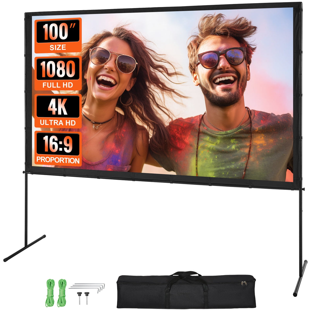 VEVOR Projector Screen with Stand,100 inch 16:9 4K 1080 HD Outdoor Movie Screen with Stand,Wrinkle-Free Projection Screen with Bar Feet and Carry Bag,for Home Theater Cinema Backyard Movie Night
