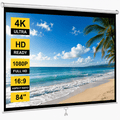 HVKDIEB Manual Pull Down Projector Screen 84 inch 16:9 Retractable Projector Screens for Movie Home Theater Cinema Office Video Game, White