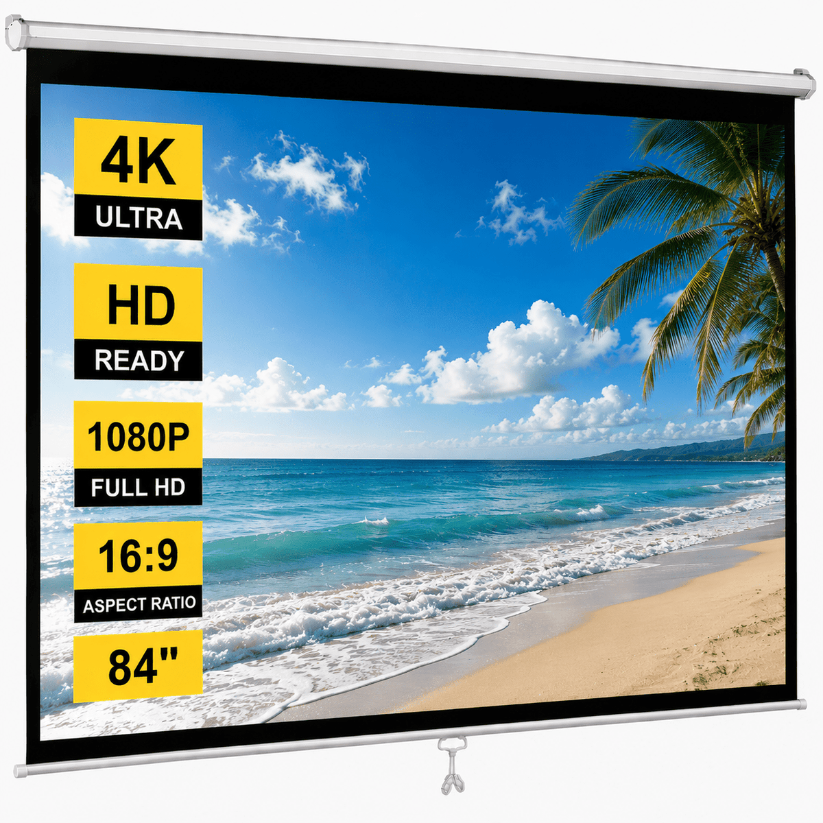 HVKDIEB Manual Pull Down Projector Screen 84 inch 16:9 Retractable Projector Screens for Movie Home Theater Cinema Office Video Game, White