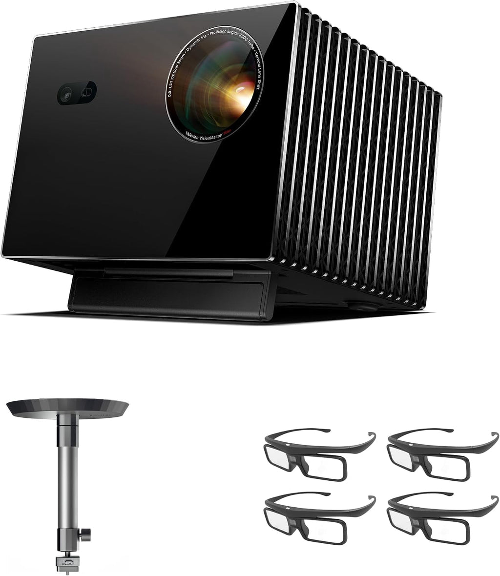 Valerion VisionMaster Max 4K Laser Projector with Ceiling Mount and DLP Link 3D Glasses(4 Pack）
