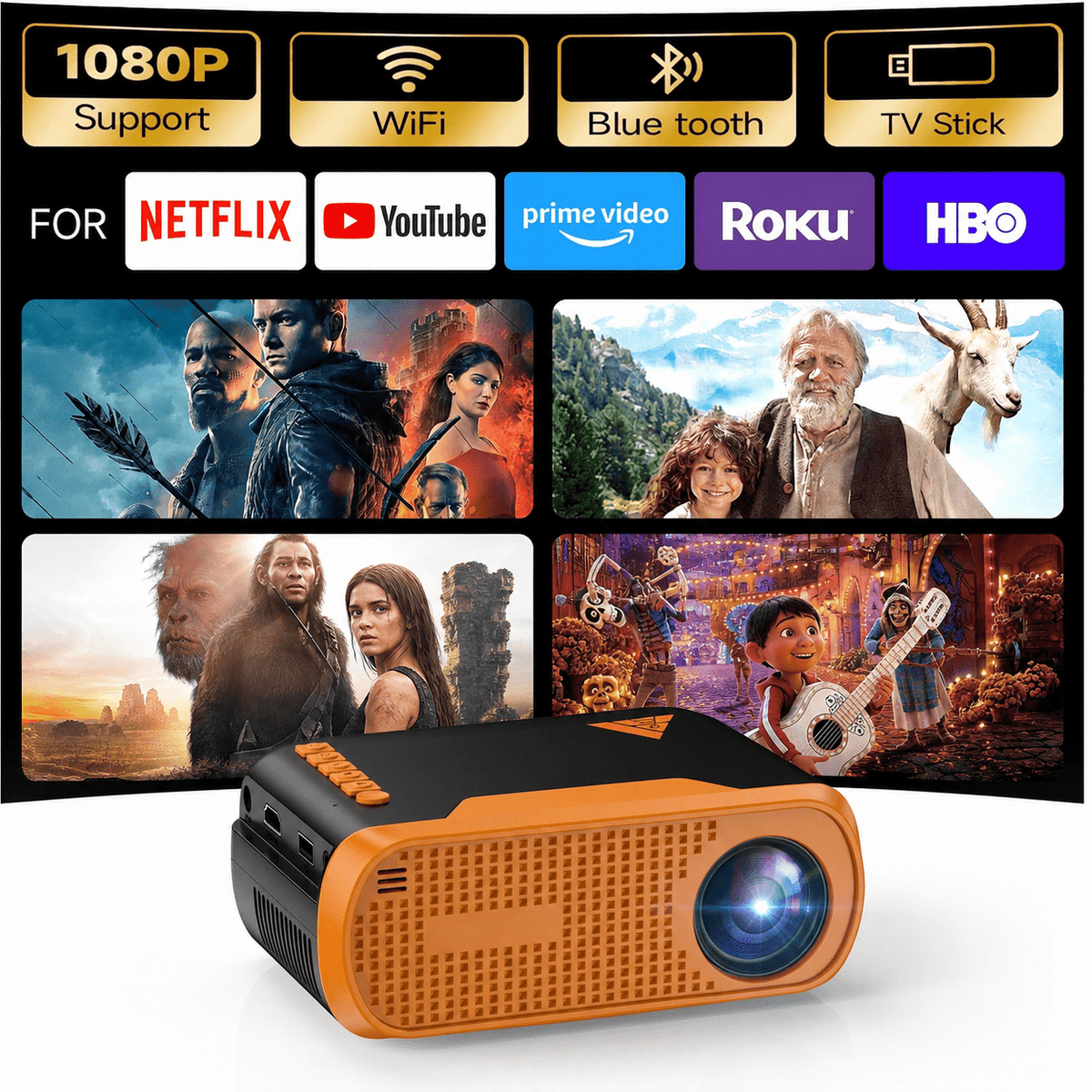 Vamvo Portable Projector with WiFi, 1080P Mini Movie Projector with 200 in Display, HDMI and USB, Built-in Speaker for Phone, Laptop, TV Stick and Game Console