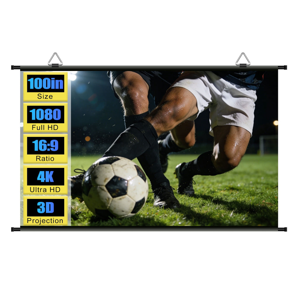 XIAOHUI 100 inch Projector Screen, Portable Movie Projector Screen for Outdoor Indoor with 3 pcs Adhesive Hook, 4K Hanging Projection Screen for Room Wall, No Drilling, Anti-Glare Coating , 16:9 HD