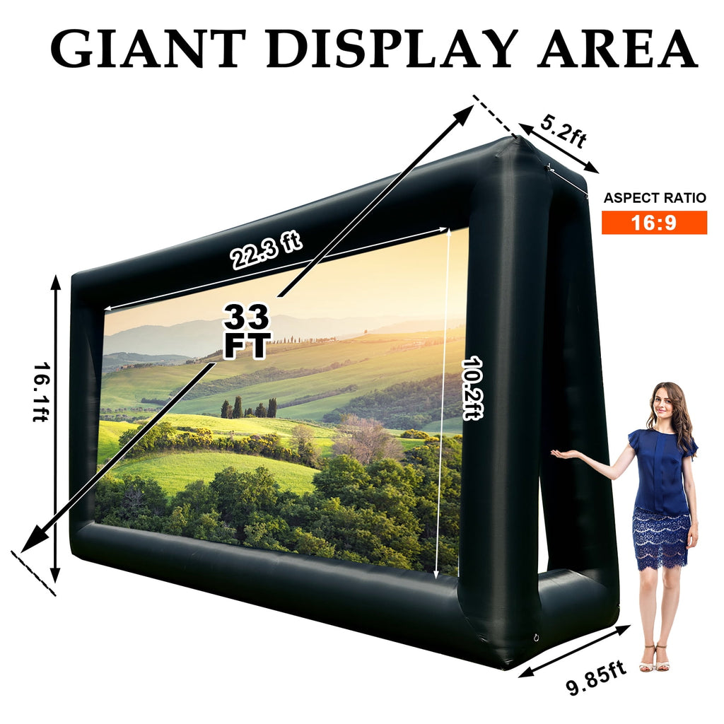 33ft Inflatable Movie Screen Outdoor Projector Screen with Air Blower, Front/Rear Projection, Easy Set Up Blow Up Screen for Backyard Movie Night, Theme Parties, Celebrations