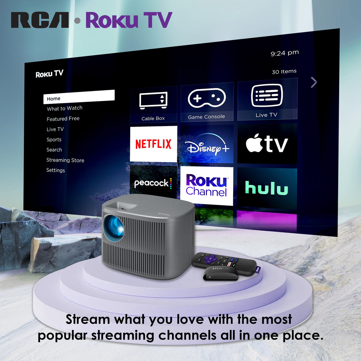 RCA 720P HD Roku Smart Home Theater Projector With Roku Express Streaming, 150 ANSI, RPJ185, Black