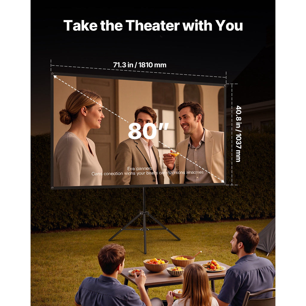 KFFKFF 80-Inch Projector Screen with Stand, 16:9 4K HD Portable Tripod Screen, Wrinkle-Resistant with 160° Viewing Angle, Includes Carry Bag for Indoor and Outdoor Use, Ideal for Movies, Home Theater