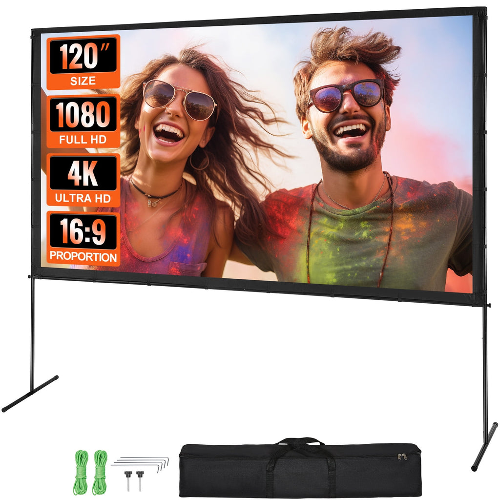 KFFKFF 100" Projector Screen with Stand, 16:9, 4K, HD, Crease-Resistant,Portable Movie Screen for Family Theater, Indoor and Outdoor.