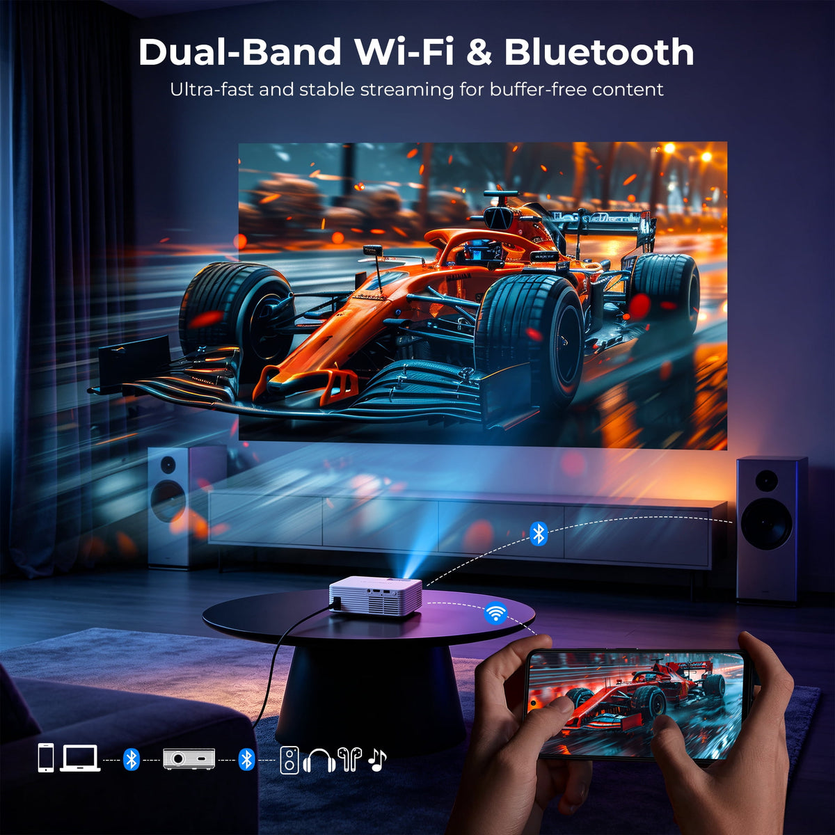 ELEPHAS Roku TV Smart Projector with Wi-Fi and Bluetooth, Built-in Roku TV Streaming Experience, Dolby Audio, Portable Mini Smart Projector