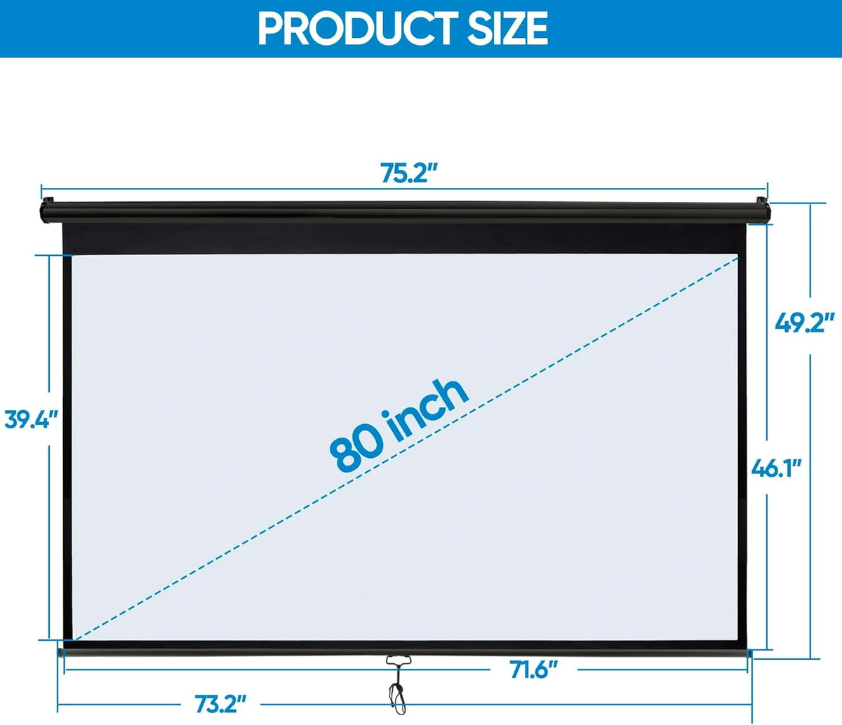 80'' 16:9 HD Projection Screen Foldable Anti-Crease Portable Projector Movie Screen Manual Pull Down for Home Theater Presentation Education Outdoor Indoor Public Display, Black