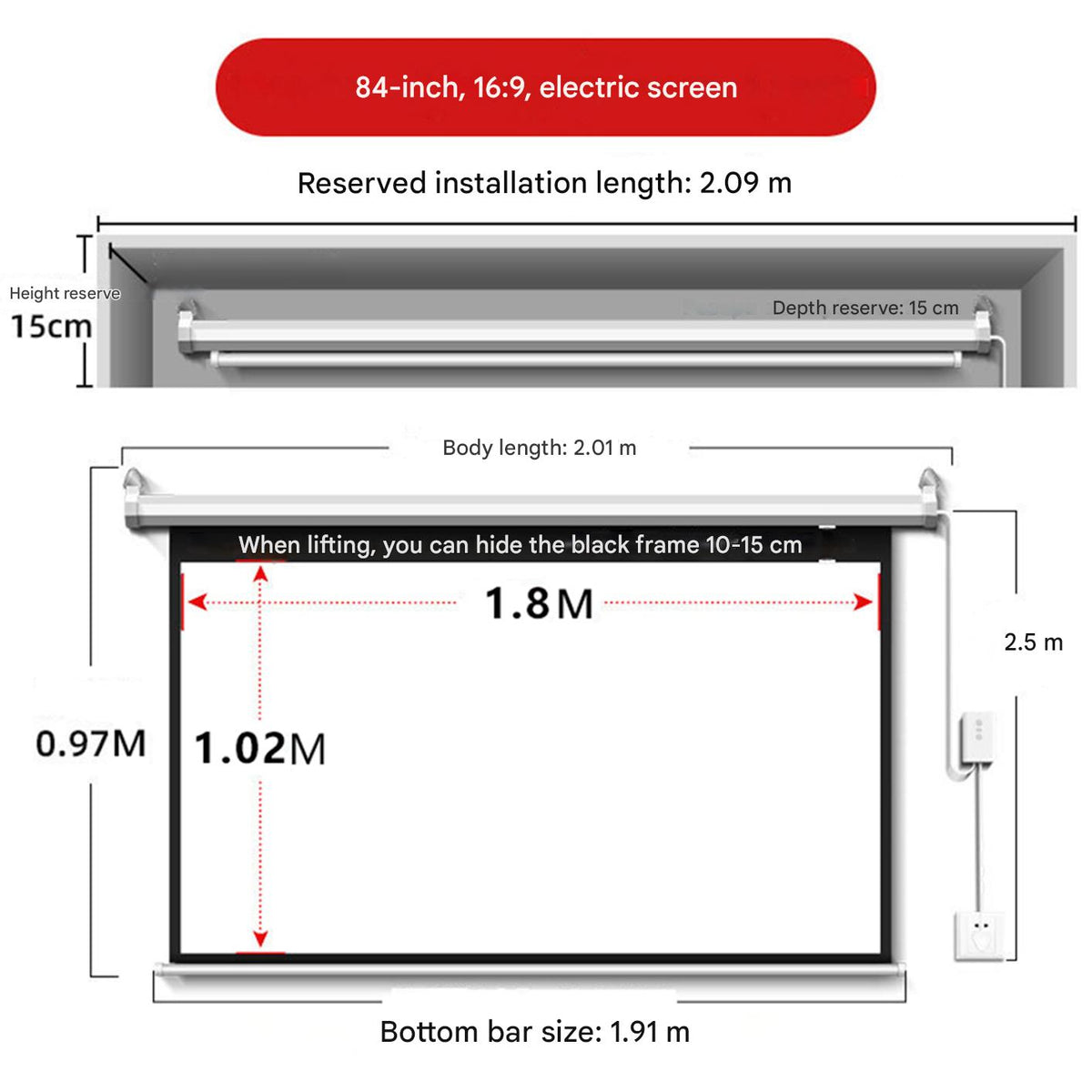 GAINVANE Projector Screen Motorized with Remote, 16:9 4k, 84 Inch Auto Electric Projection Screen, HD 4K Movie Screen for Home Theater, Cinema, Office