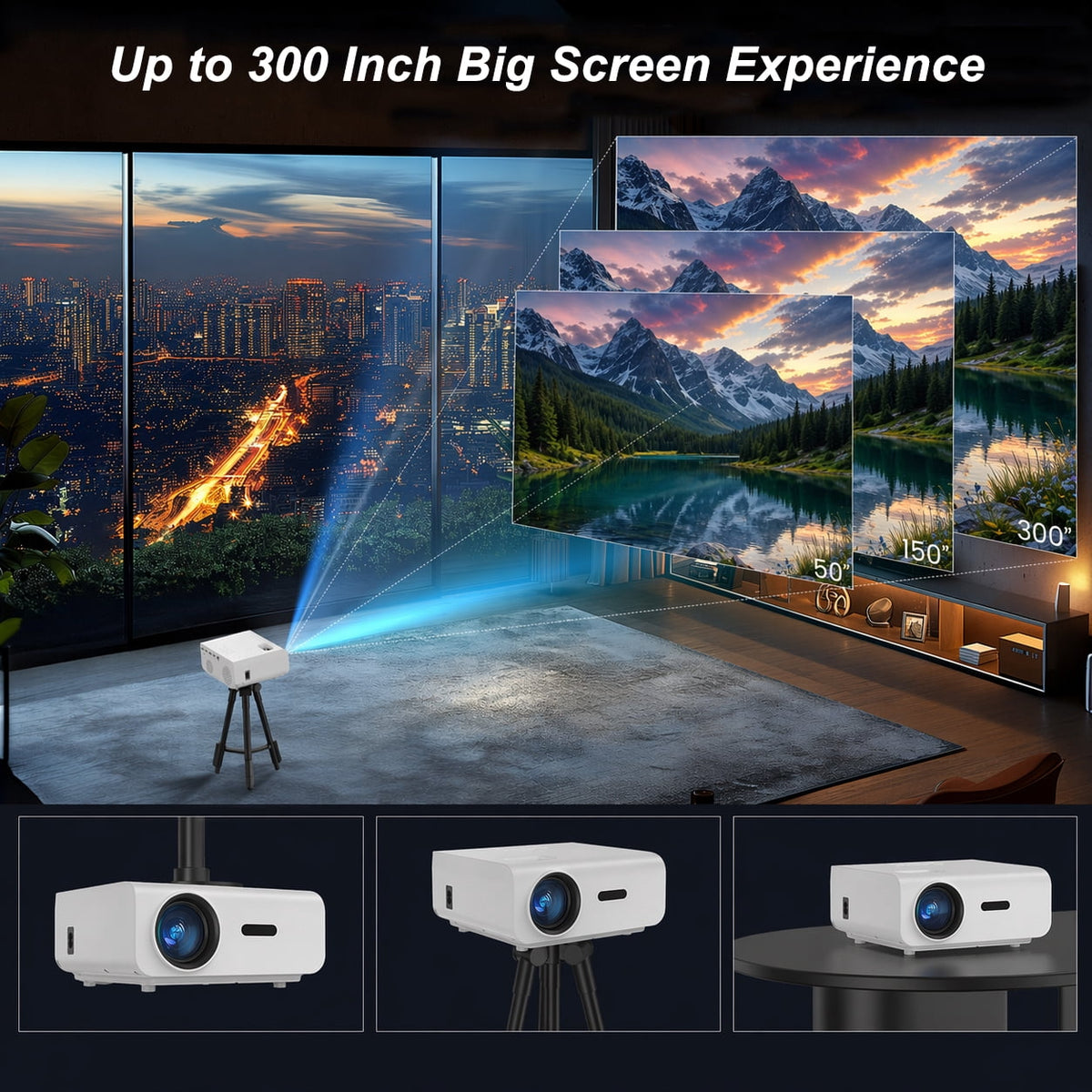 Groview Native 1080P Mini Projector with WiFi and Bluetooth, Outdoor Movie Projector with Built-in Speaker, 300 ANSI Home Theater Projector Compatible with PC/Phones/PS5 (Projector Screen Included)