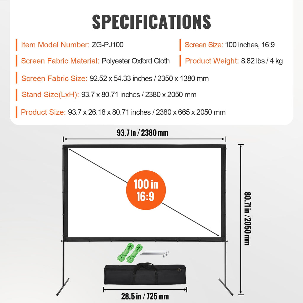 KFFKFF 100" Projector Screen with Stand, 16:9, 4K, HD, Crease-Resistant,Portable Movie Screen for Family Theater, Indoor and Outdoor.