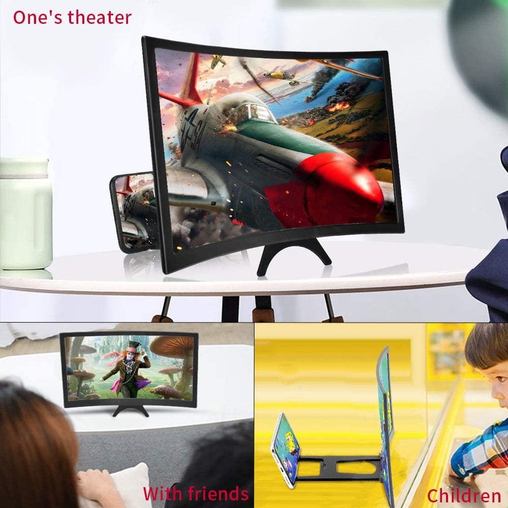 Qishi 12'' 3D Curved Screen Magnifier for Mobile Phone, HD Magnifier Projector Screen Enlarger for Videos, Movies, Games, Foldable Phone Stand with Screen Amplifier, Compatible with All Smartphones